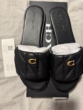 Coach Black Quilted Leather Slide Sandals with Gold 'C'